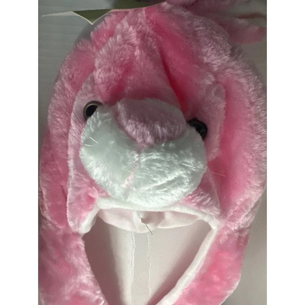 Pink Bunny Plush Hat Ear Flaps with Arm-Length Attached Mittens fall cozy